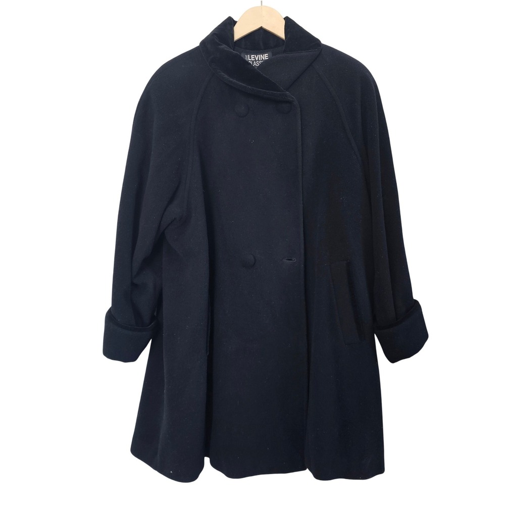 Larry Levine Classics Black Wool Swing Coat Velvet Trim Double Breasted Vintage